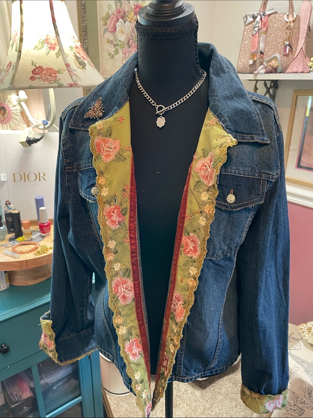 Dark Blue Denim Jacket with Olive Floral Lace and Embroidered Trim  Daniel Kuso